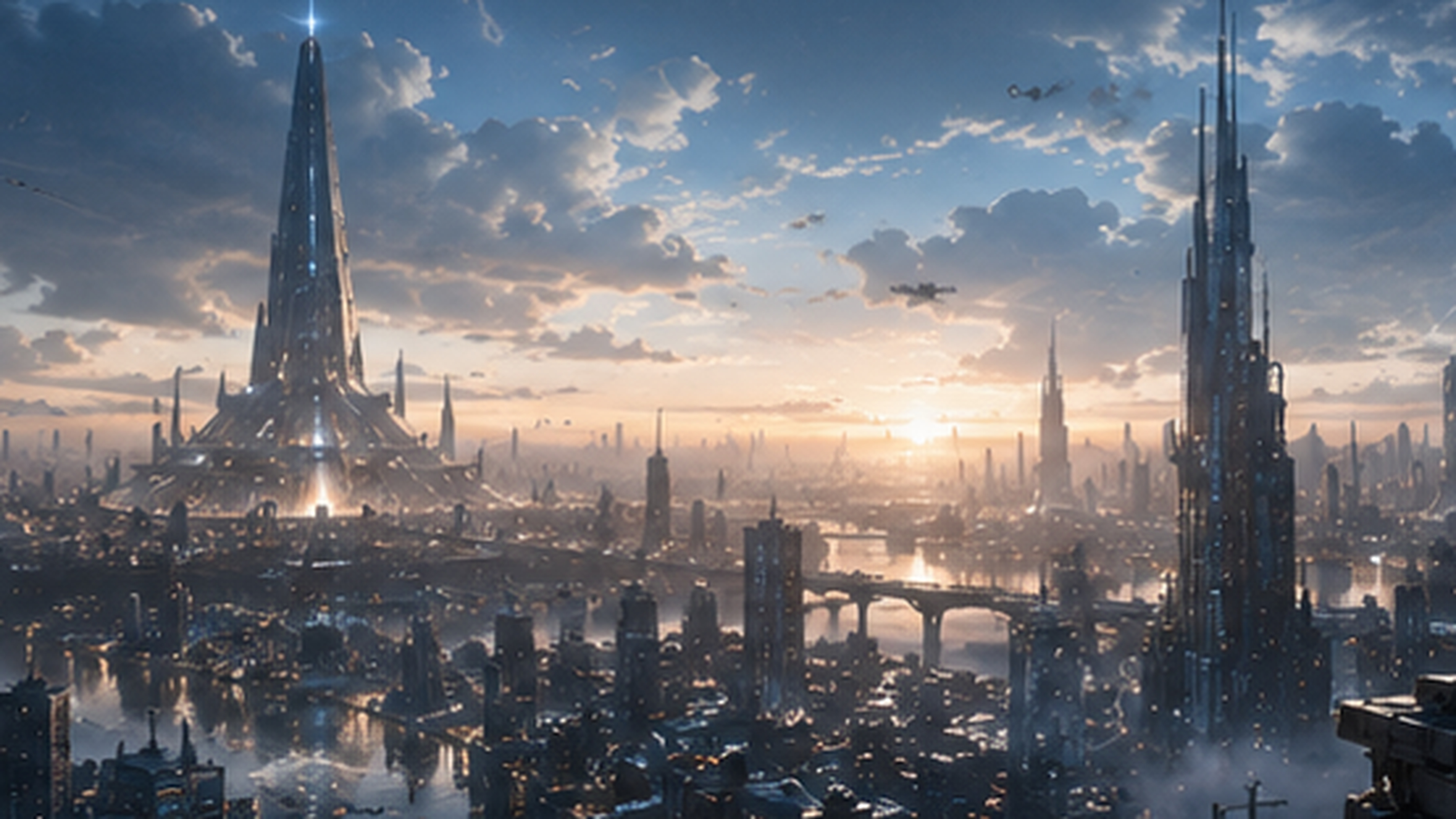 Meridian before the fall — kilometer-scale towers under a blue-hour sky
